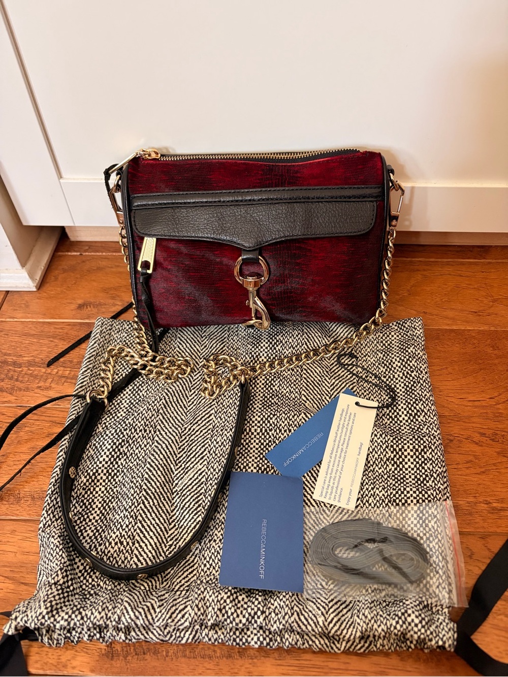 Rebecca Minkoff Red and Black Faux Ponyhair Mini MAC Crossbody with Gold Chain